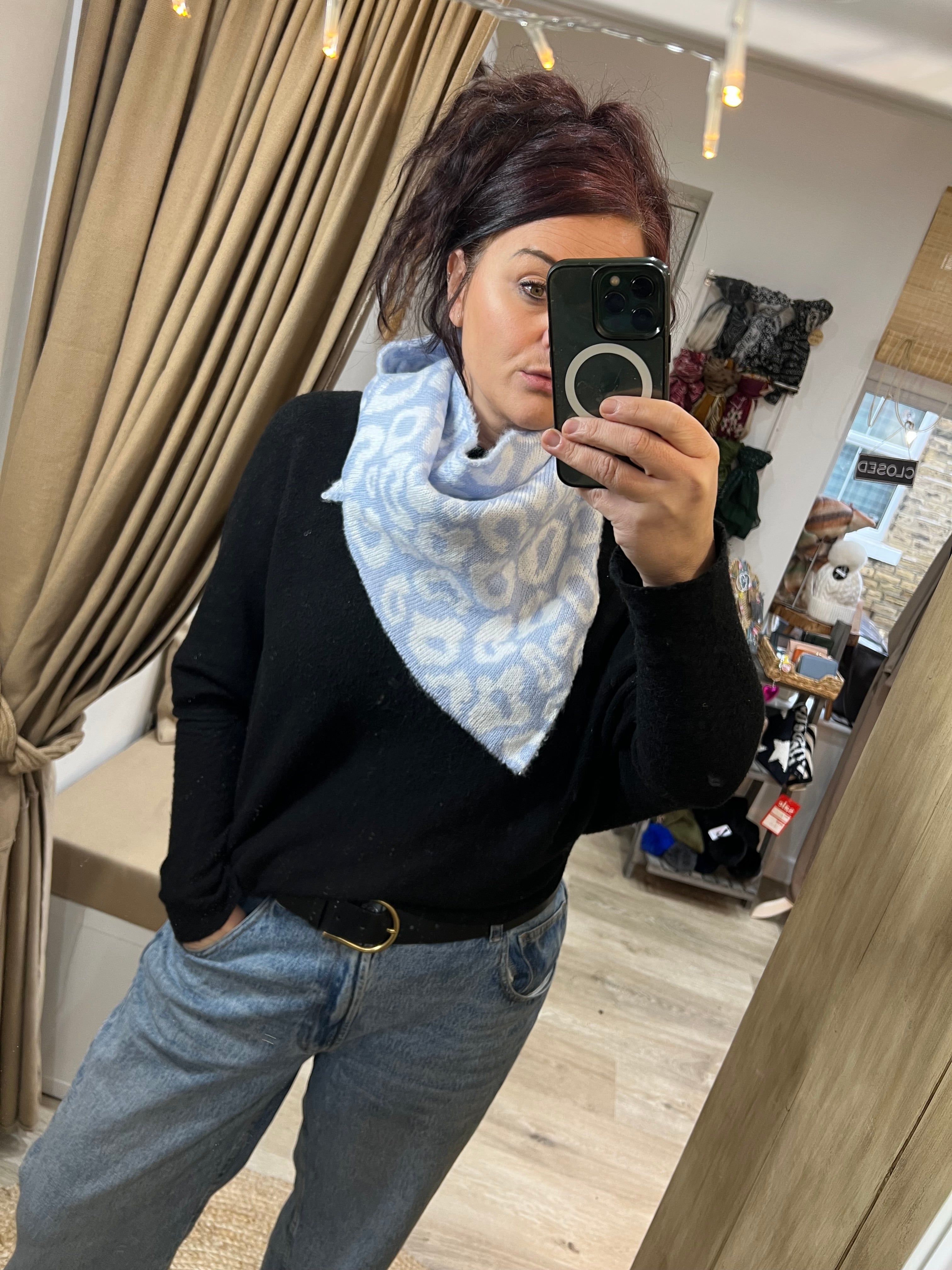 Handkerchief Triangle Scarf - Light Blue/White Leopard – Top Knot