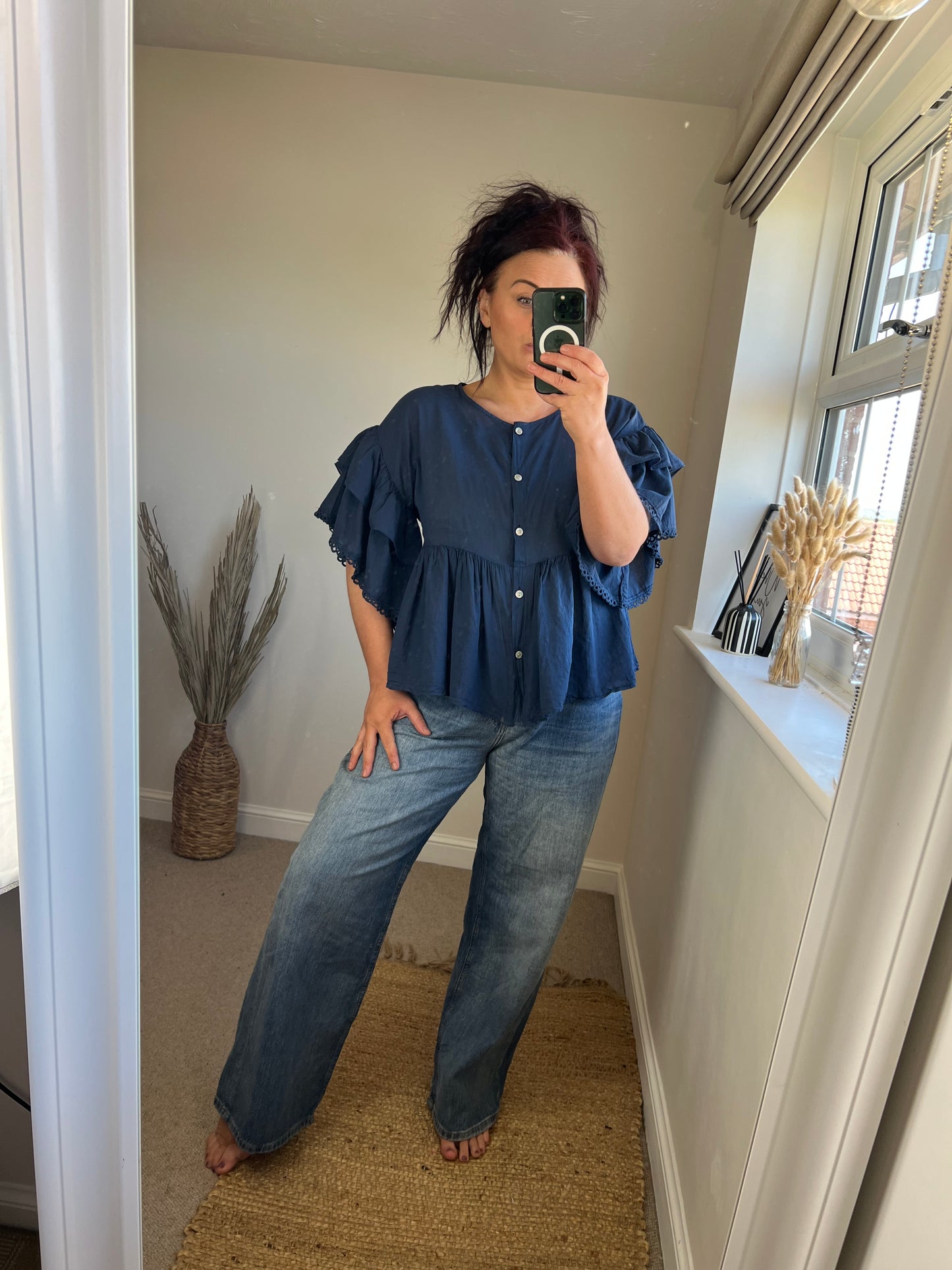 Ruffle Sleeve Smock Shirt - Navy