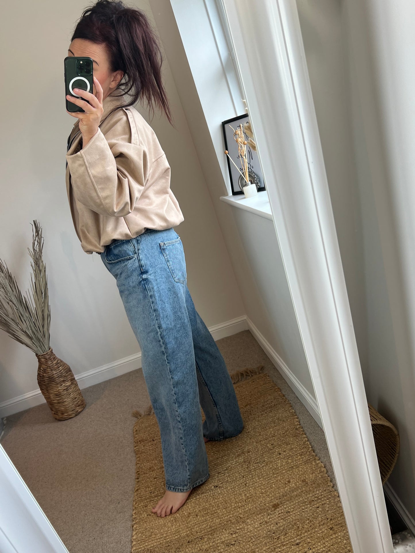 Faux Suede Oversized Bomber Jacket - Beige