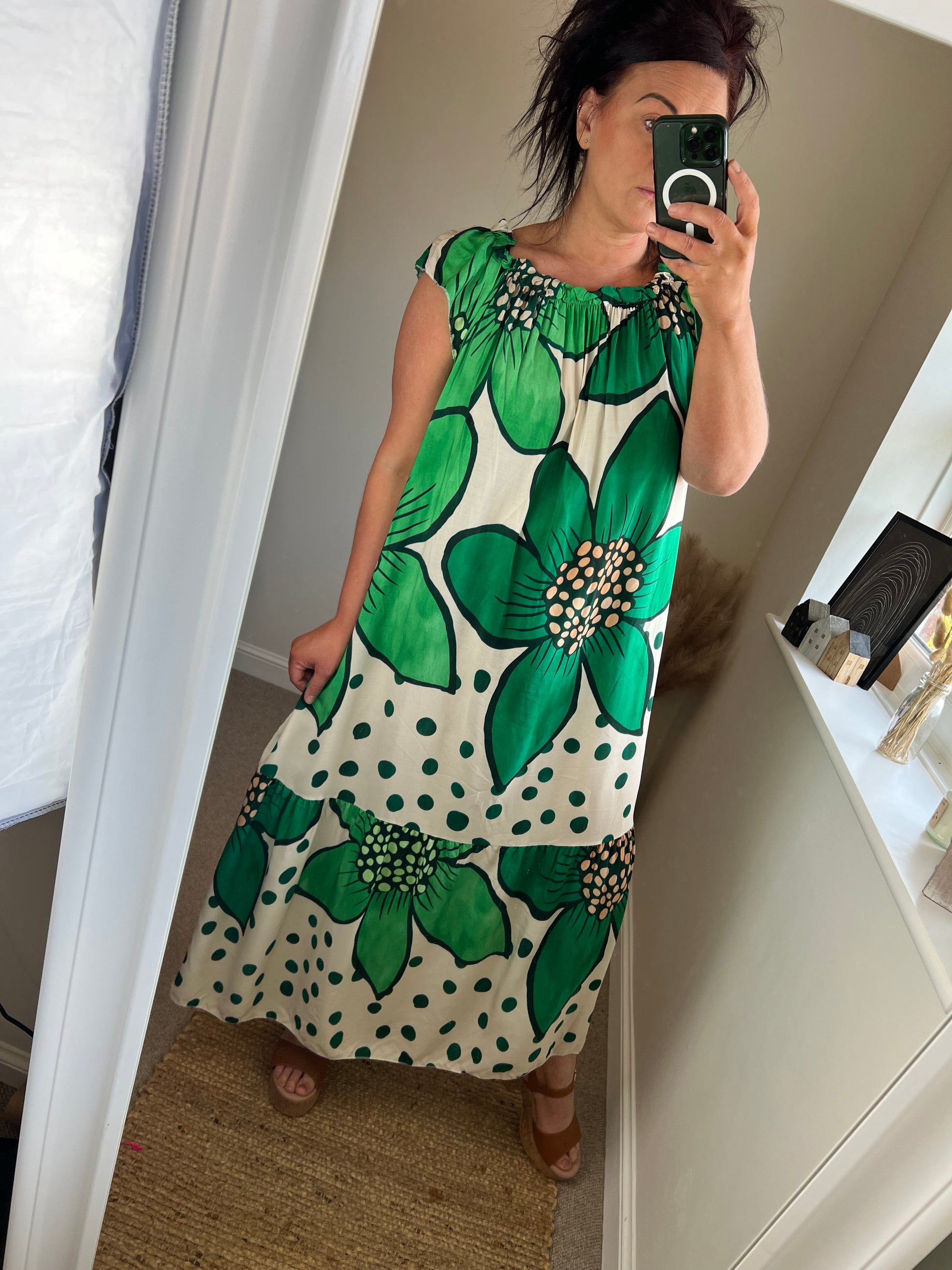 Side view Women’s blue floral maxi dress with oversized flower print and polka dots on ivory background, relaxed fit with gathered neckline
