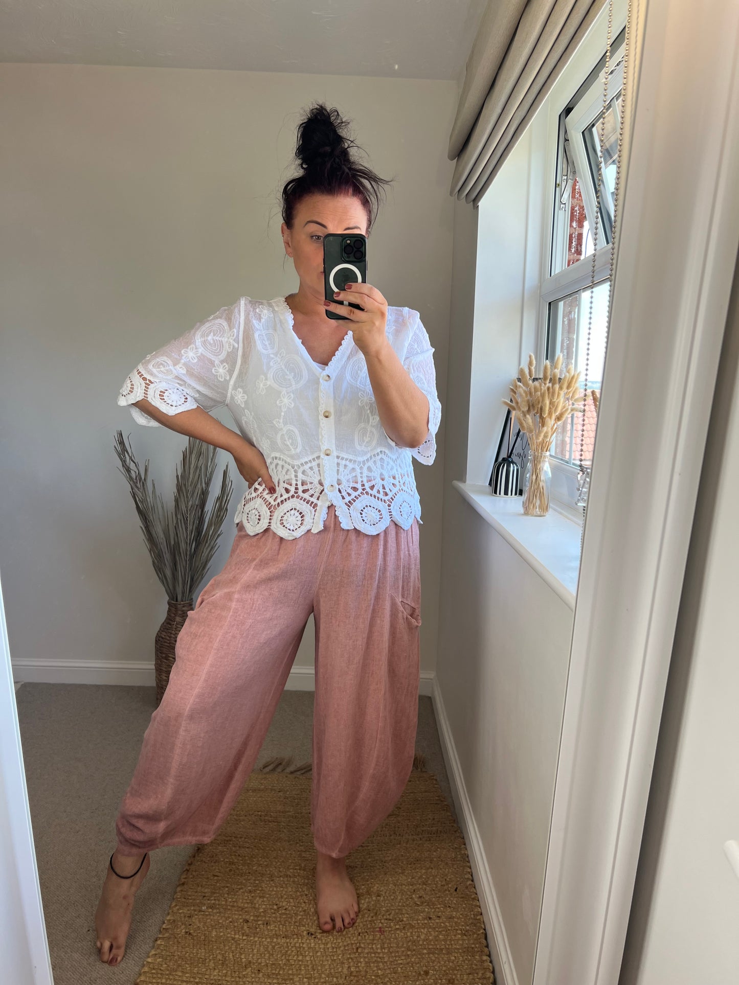 Barrel Leg Linen Trouser - Dusty Pink