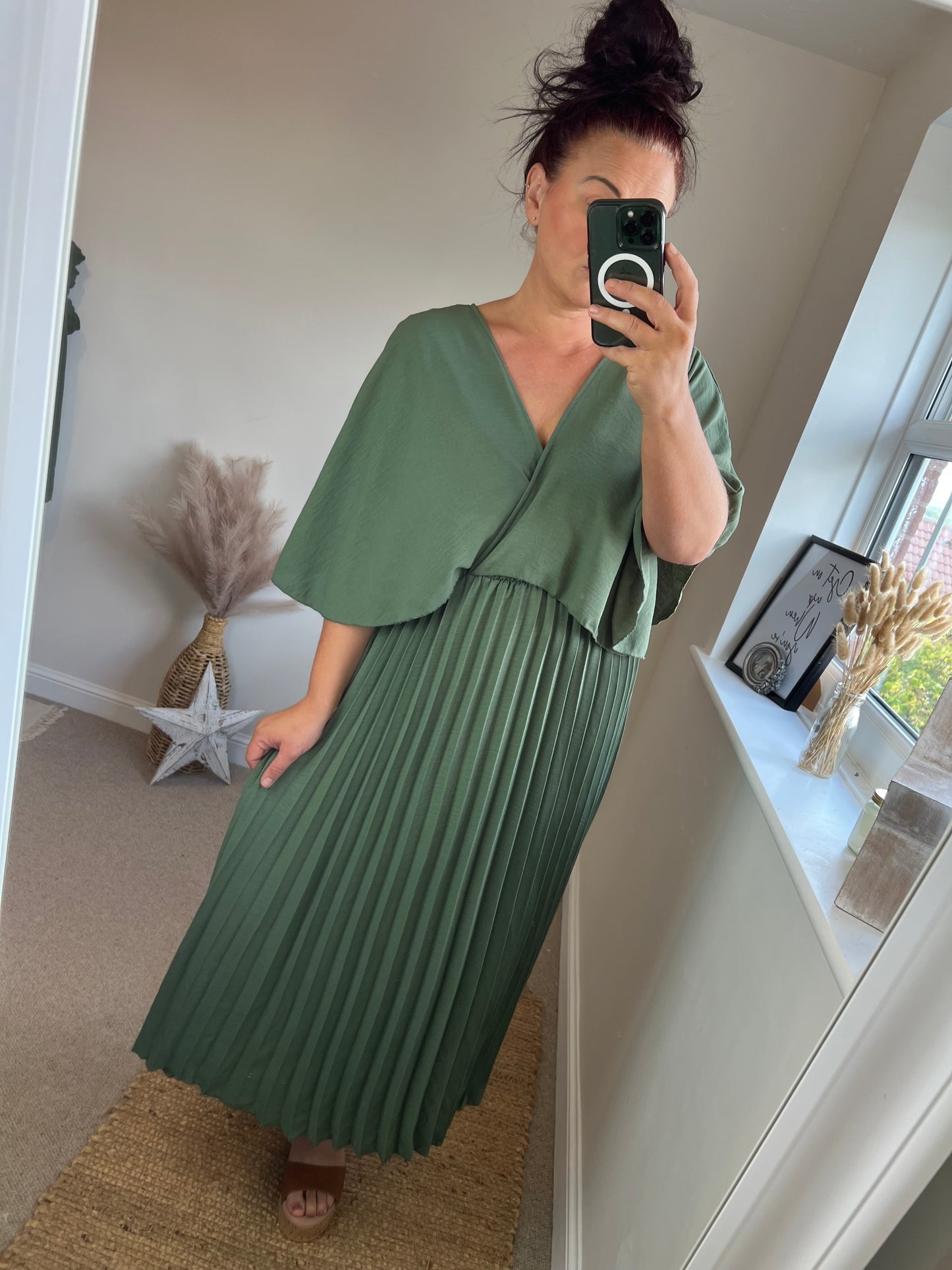 Pleated Cape Dress - Khaki