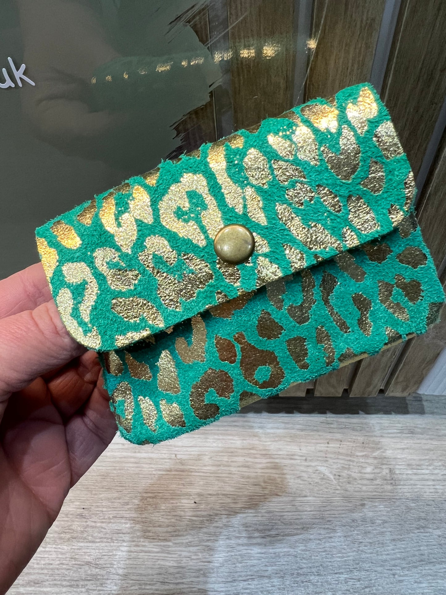 Suede Leather Purse - Leopard Turquoise