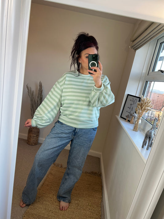 Striped Balloon Sleeve Sweatshirt - Sage