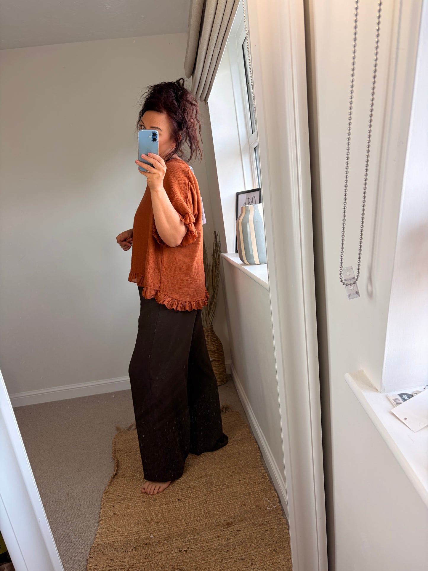 Cotton Ruffle Trim Top - Rust