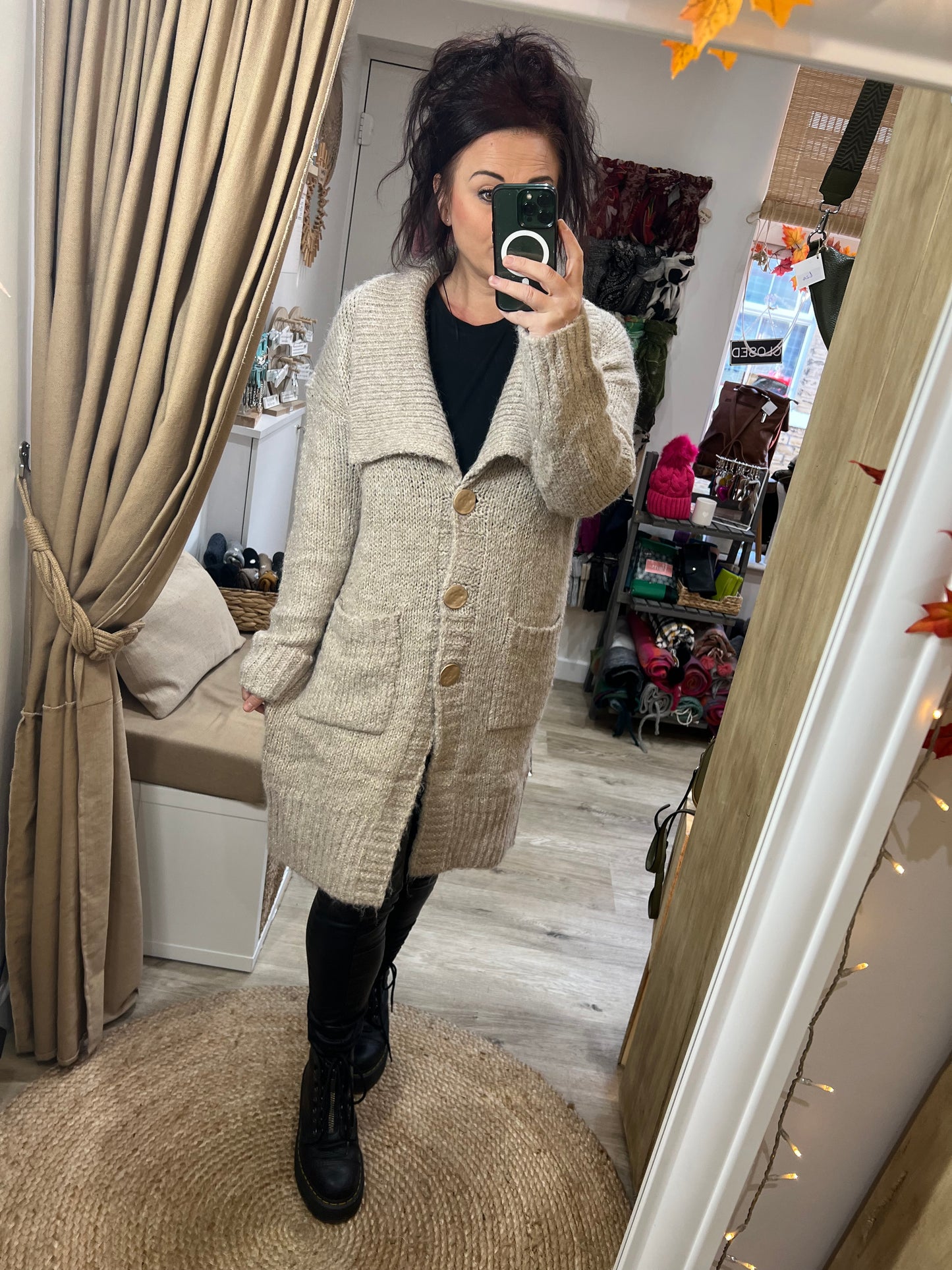 Chunky Knit Long Cardigan - Beige with Gold Flex