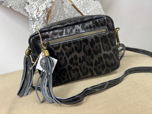 Leather Camera Bag - Metallic Charcoal Leopard