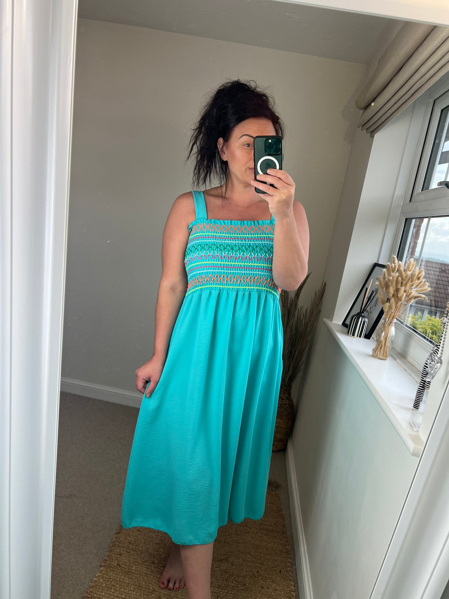 Shirred Bust Midi Dress - Aqua