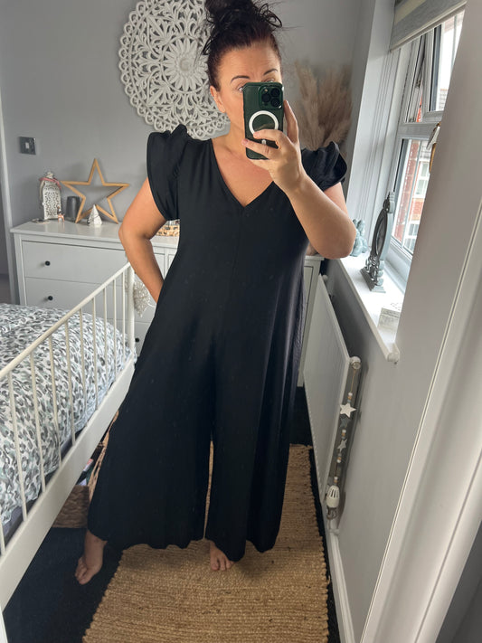 Frill Sleeve Jumpsuit with Pockets - Black