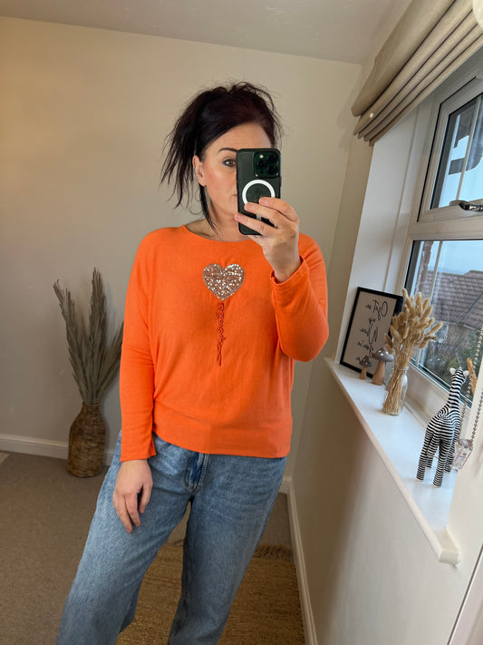 Fine Knit Sequin Heart Jumper - Orange