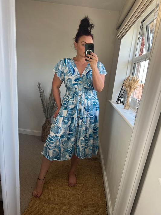 LOTTIE Midi Button Dress with Pockets - Denim Blue