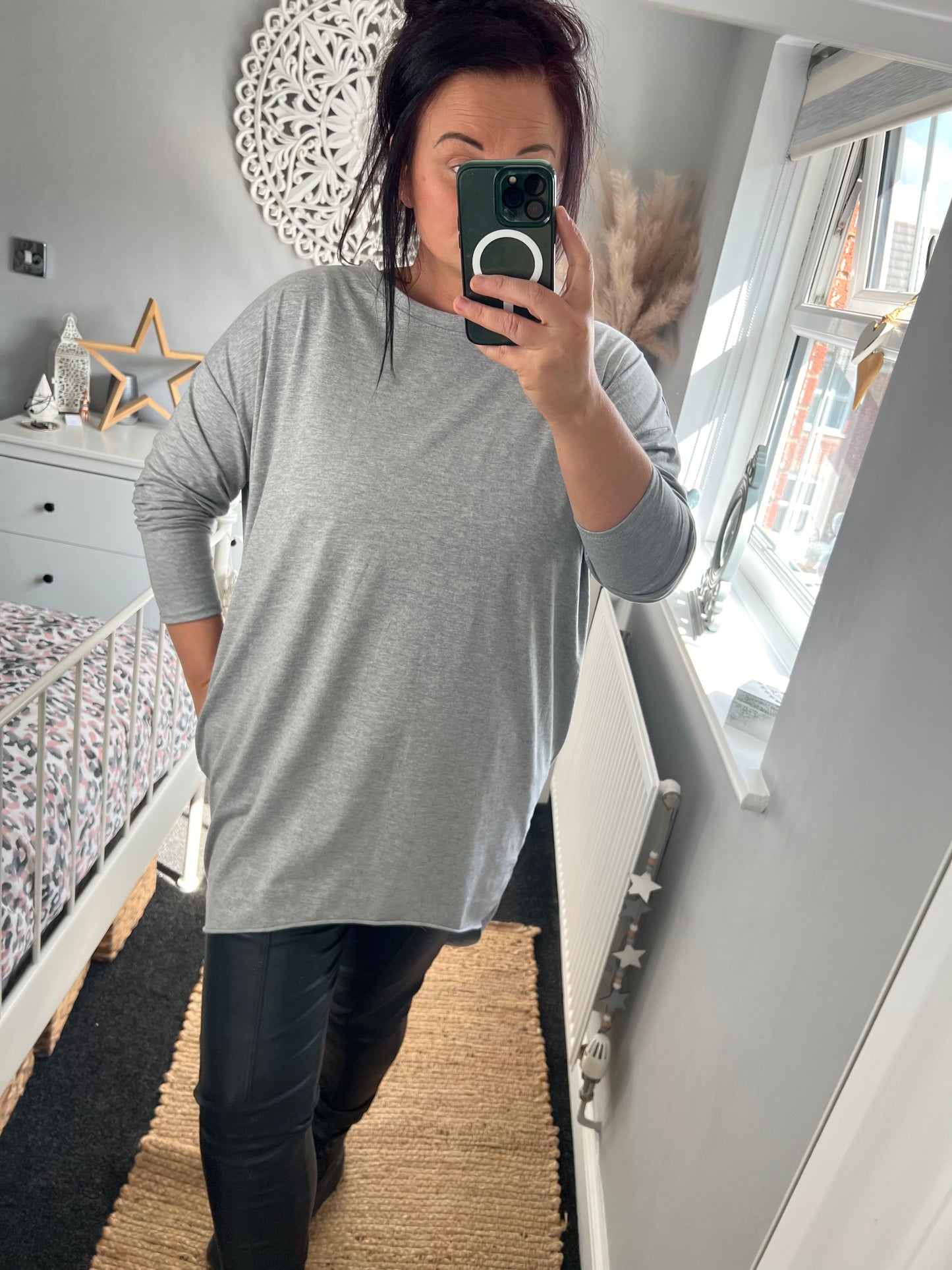 Long Sleeve Tshirt Tunic with Pockets - Light Grey