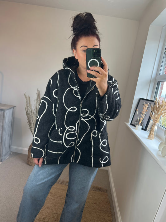 Hooded Embroidered Jacket - Black