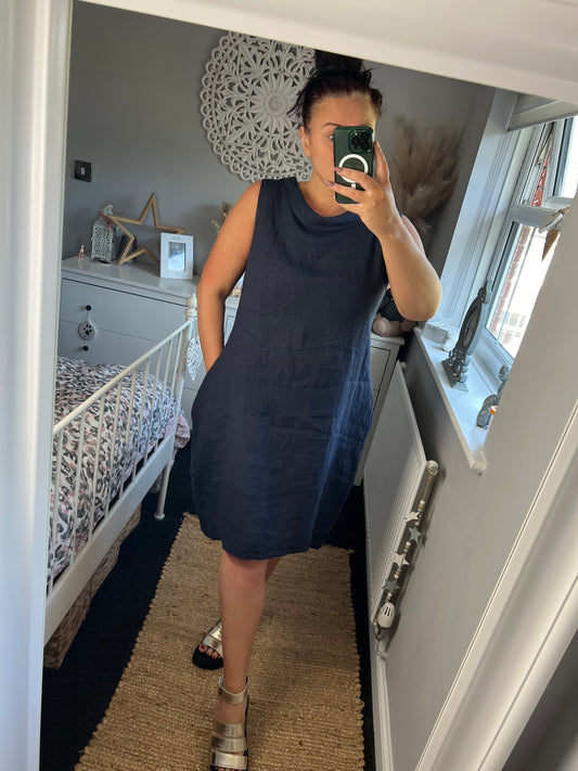 Linen Collared Dress with Pockets - Navy