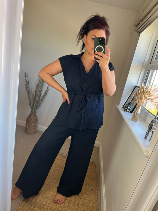Crimple Safari Top & Trouser Set - Navy