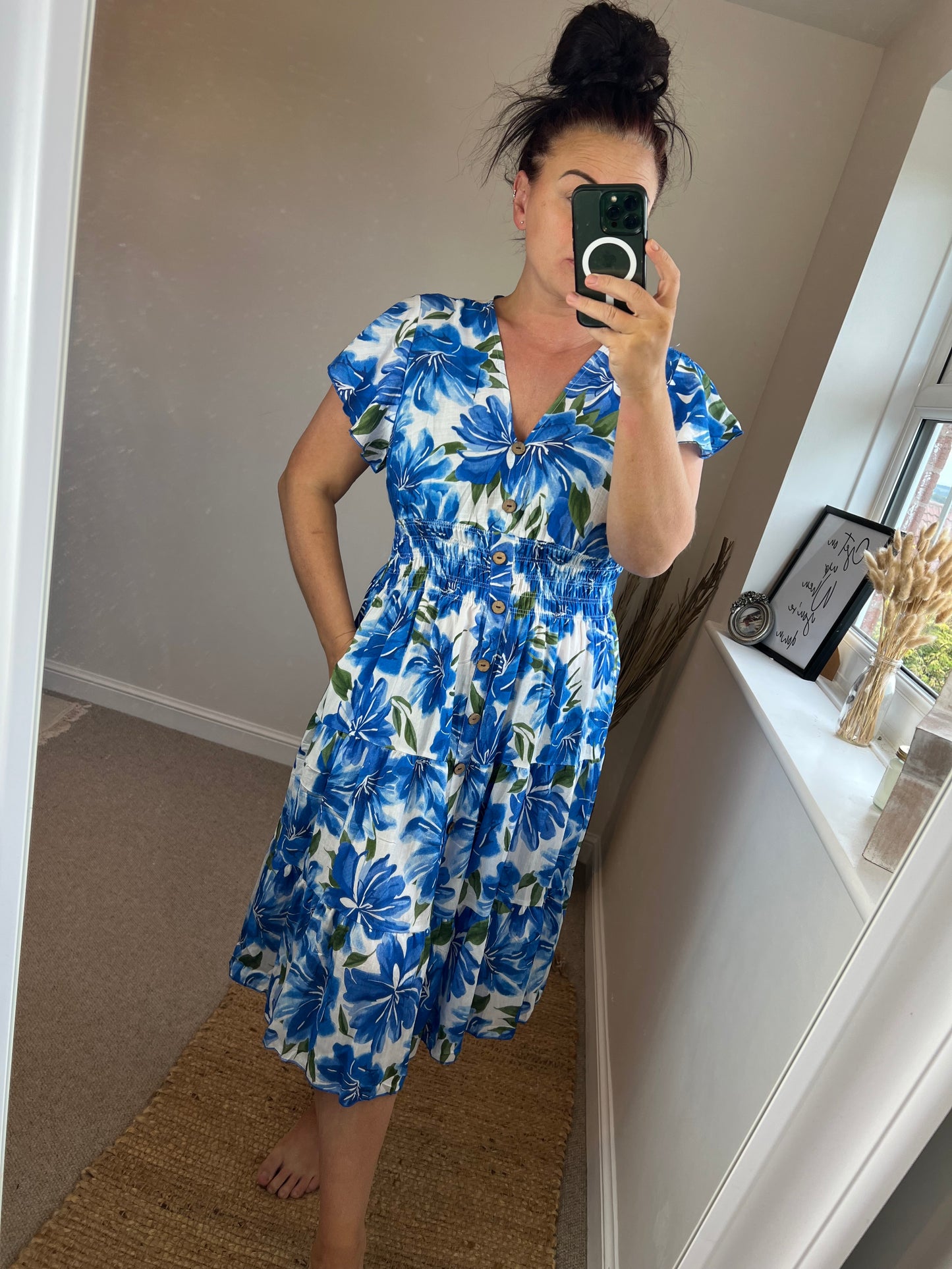 LOTTIE Midi Button Dress with Pockets - Tropical Cobalt