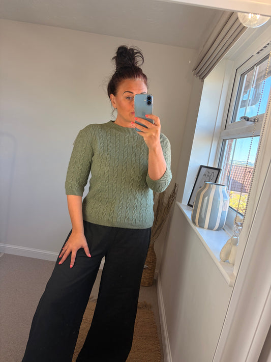 Cable Knit Short Sleeve Jumper - Khaki