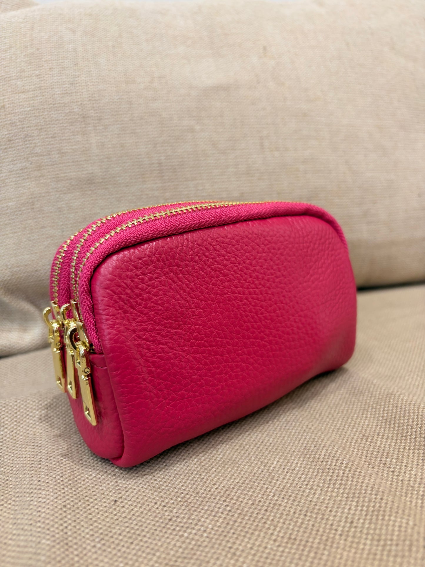 Leather Triple Compartment Purse - Cerise