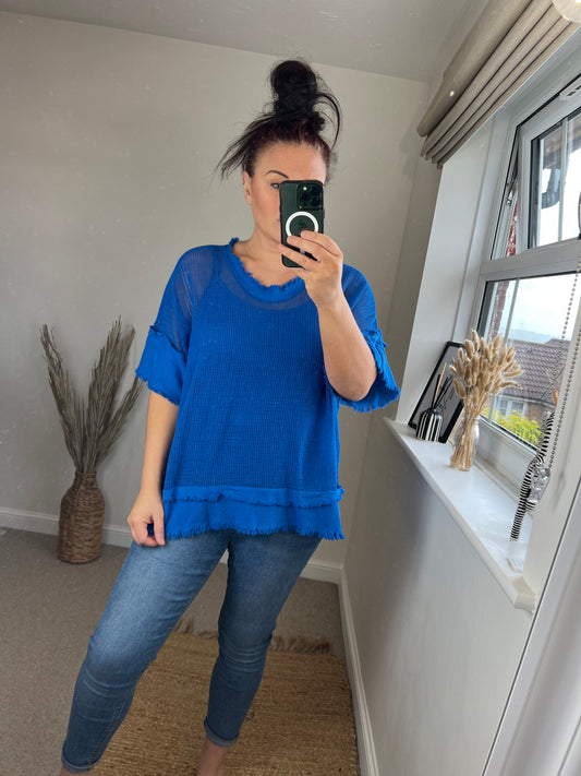 Raw Edge Mesh Top - Cobalt