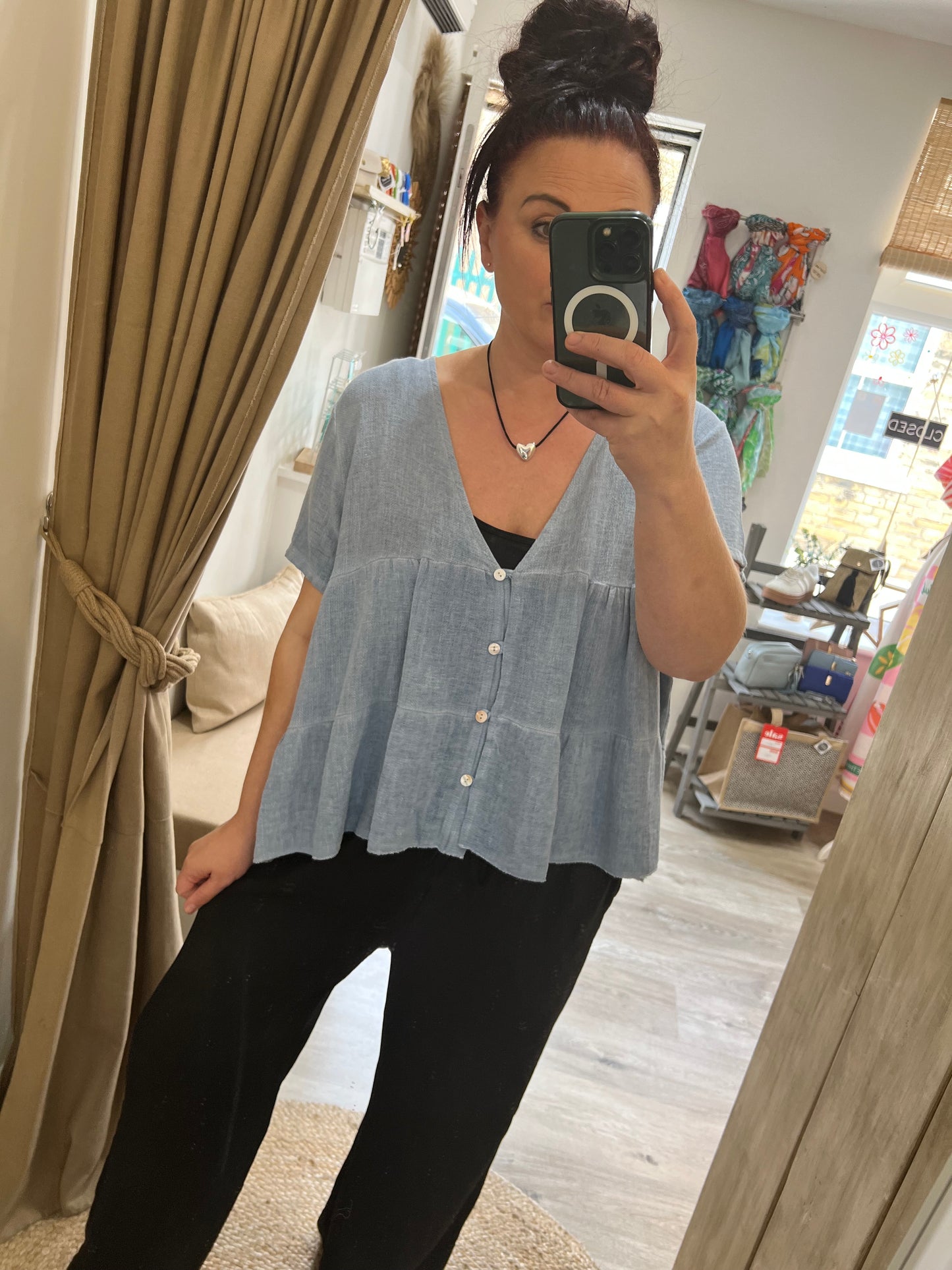 Linen Mix Smock Top - Denim Blue