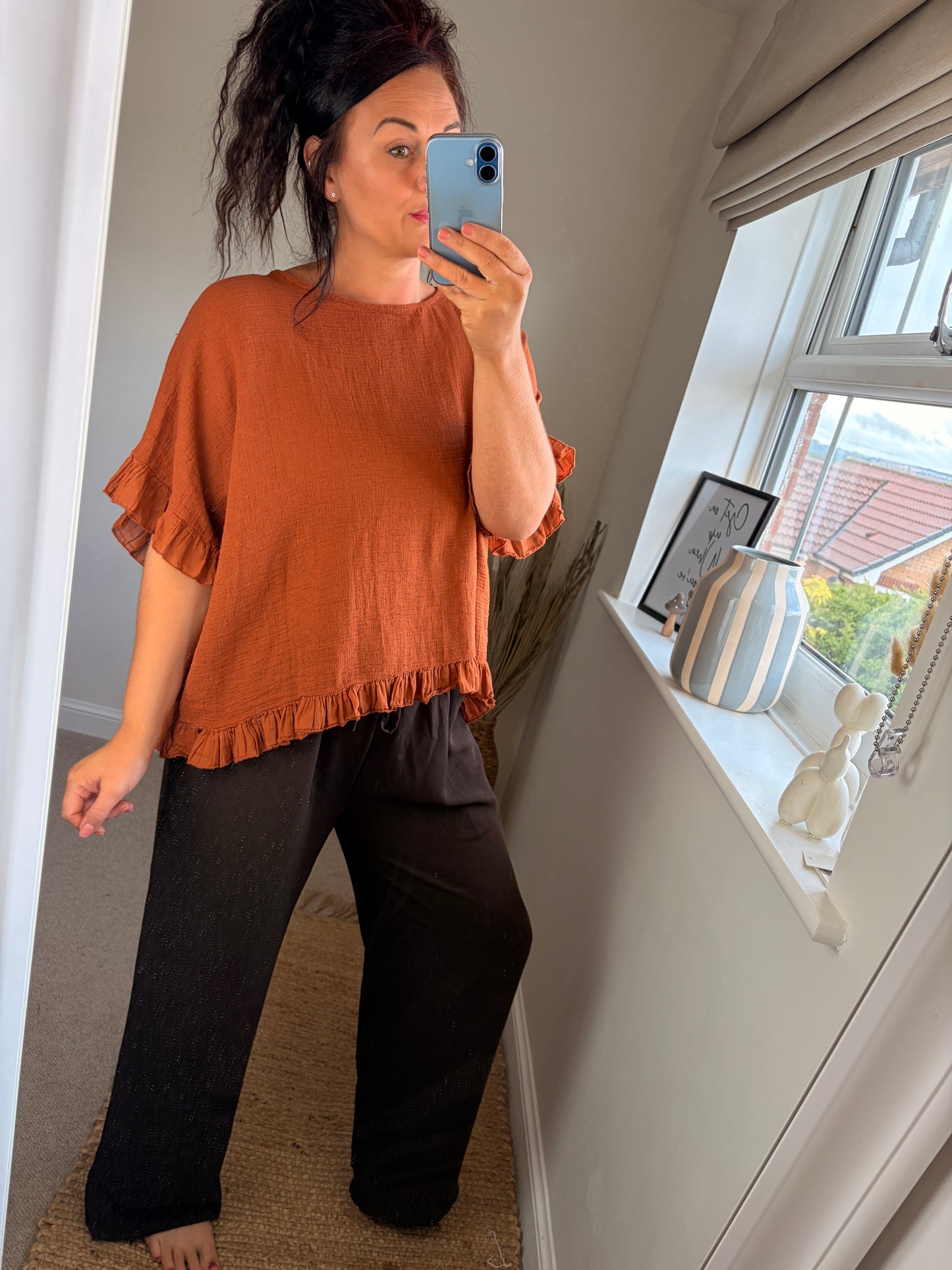 Cotton Ruffle Trim Top - Rust
