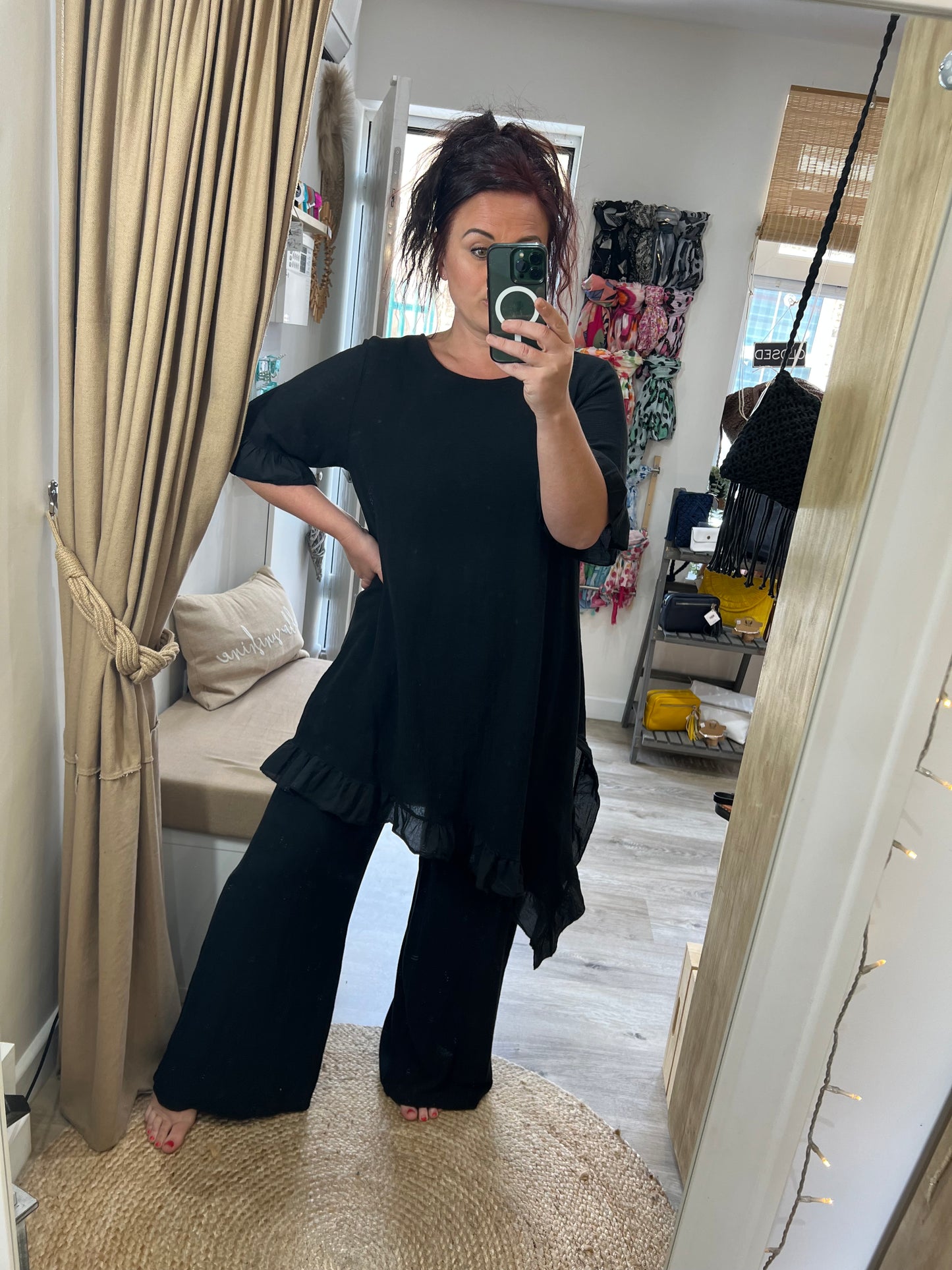 Linen Frill Tunic/Dress - Black