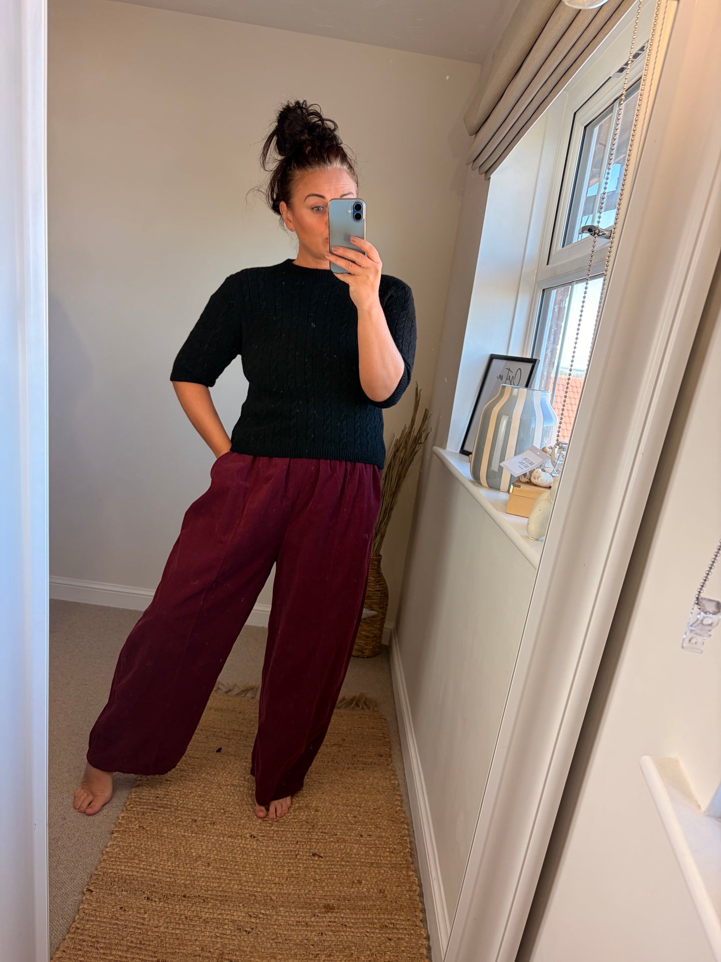 Needle Cord Barrel Leg Trousers - Wine