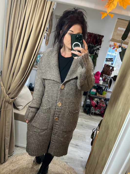 Chunky Knit Long Cardigan - Mocha with Gold Flex