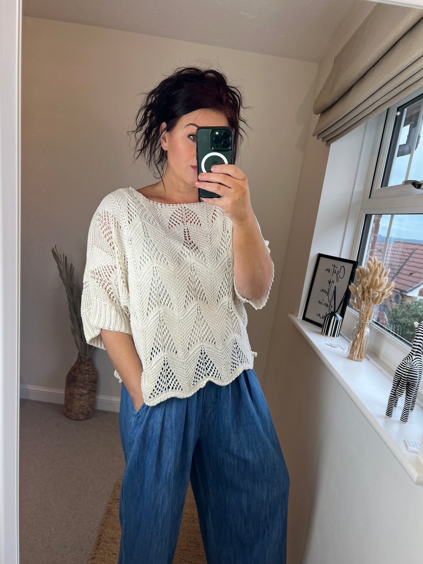 Scalloped Edge Crochet Top - Cream