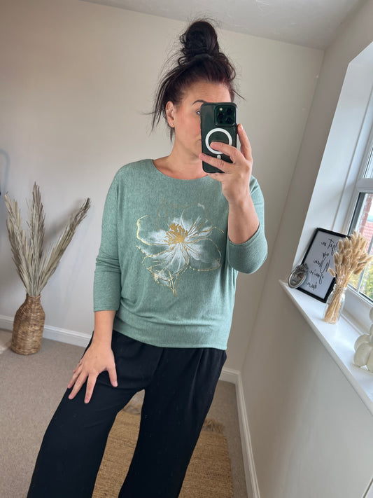 Fine Knit Foil Flower Jumper - Sage