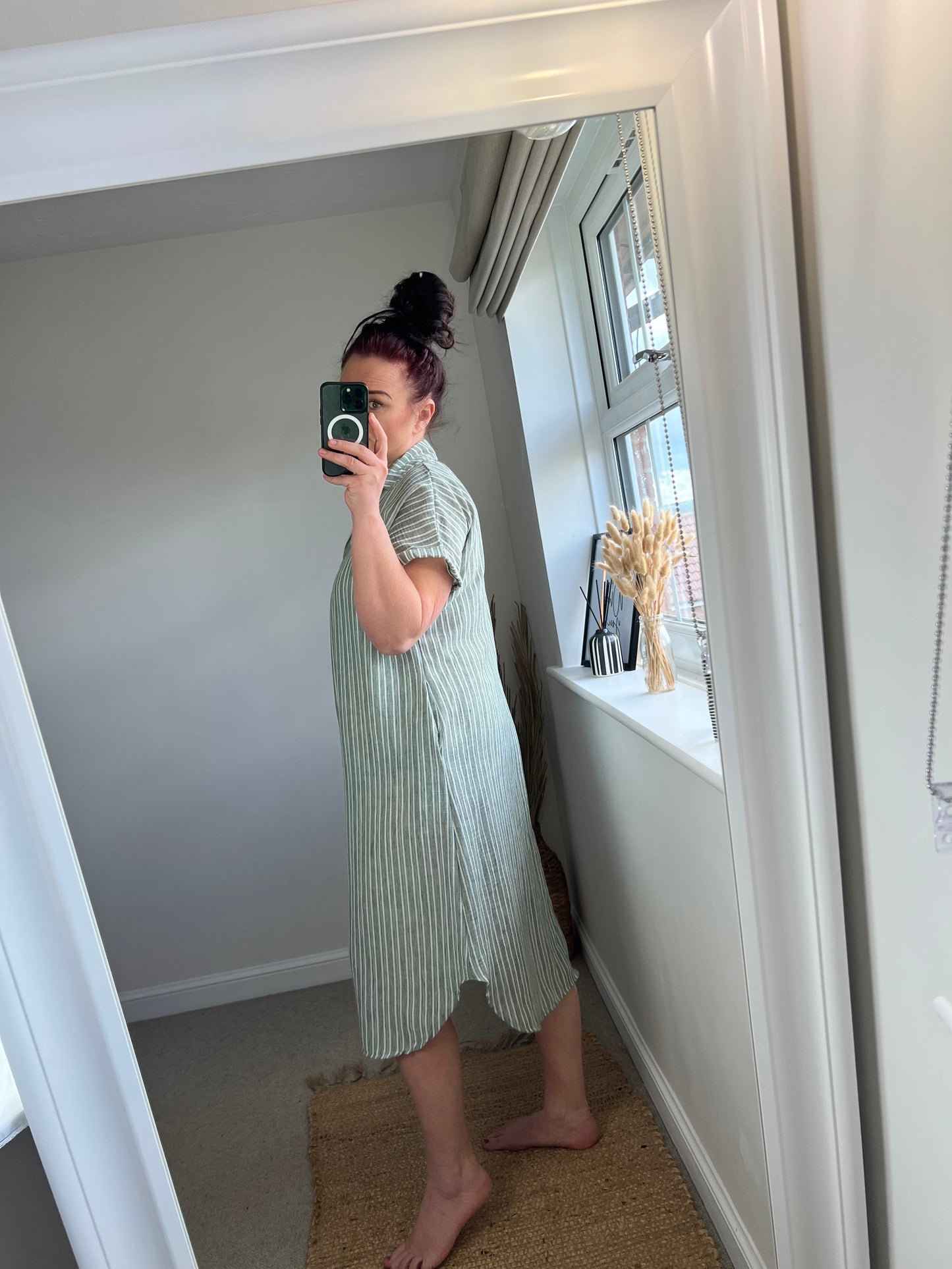 Stripe Cotton Midi Dress - Khaki