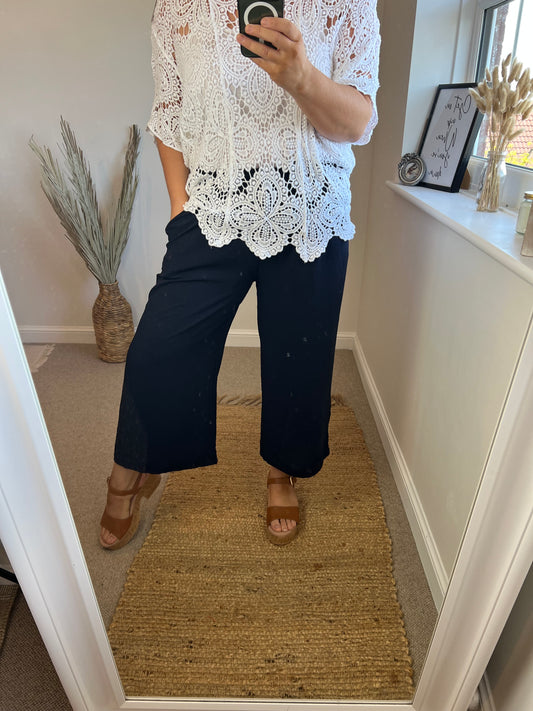 Cropped Wide Leg Trousers - Navy