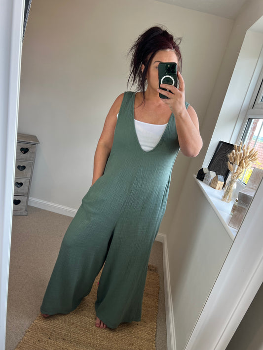 Crinkle Cotton Dungarees- Khaki