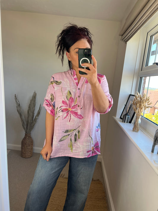 SANDY Cotton Shirt - Flowers Pink