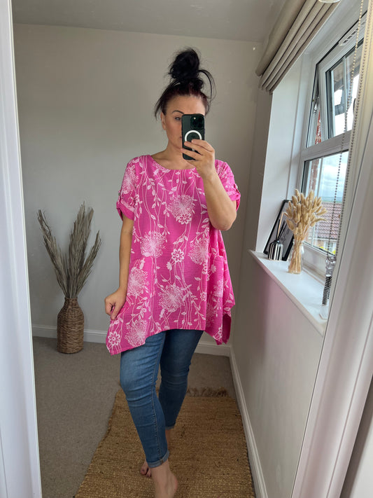 Longline Cotton Floral Top - Cerise