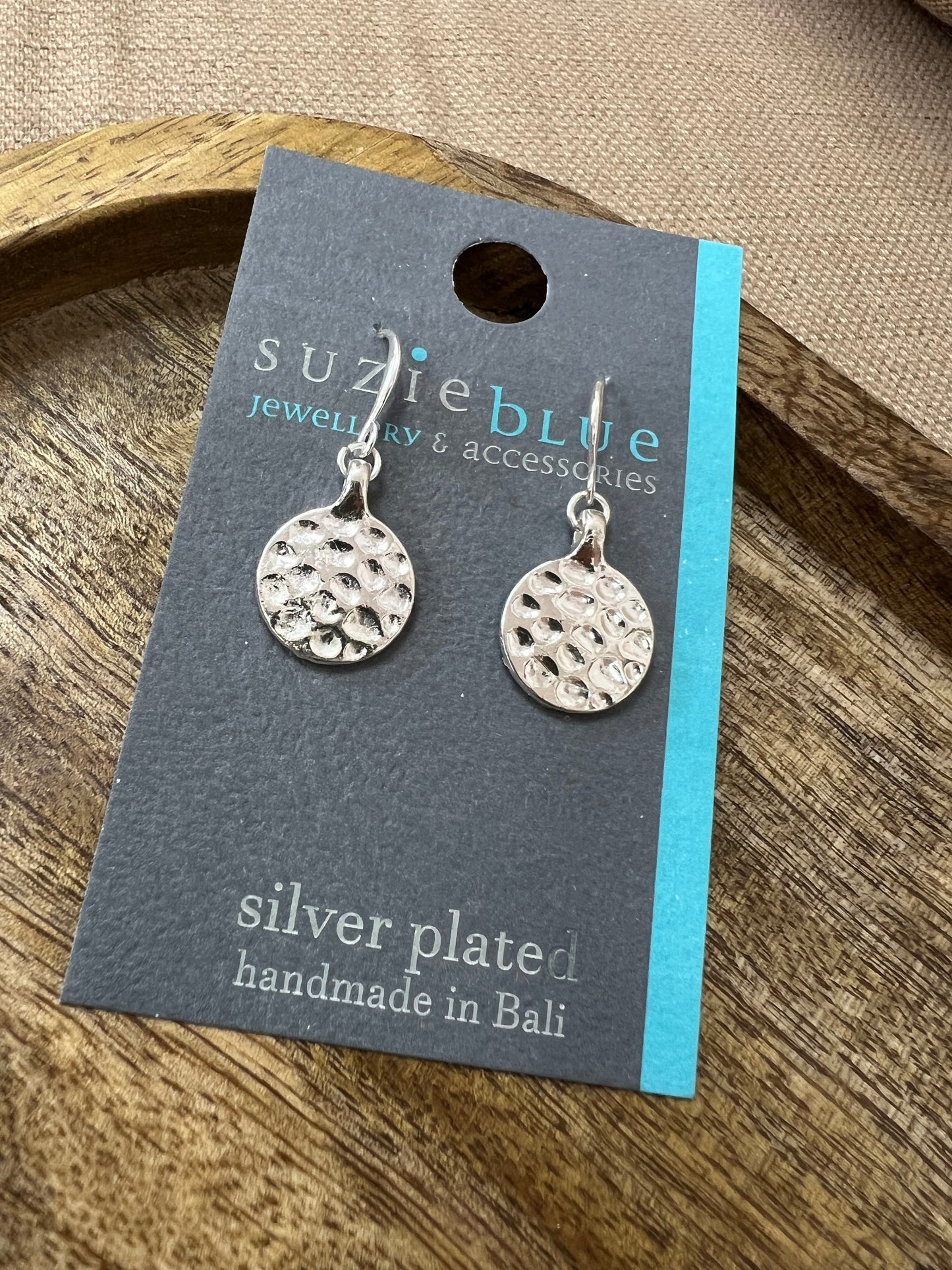 Suzie Blue Silver Plated Hammered Circle Earrings