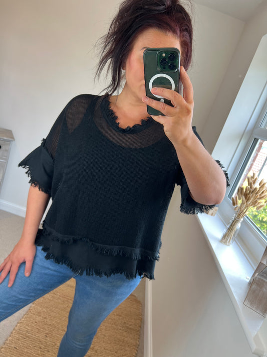 Waffle Raw Edge Top - Black