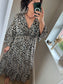 Shirred Waist Midi Dress - Leopard Black