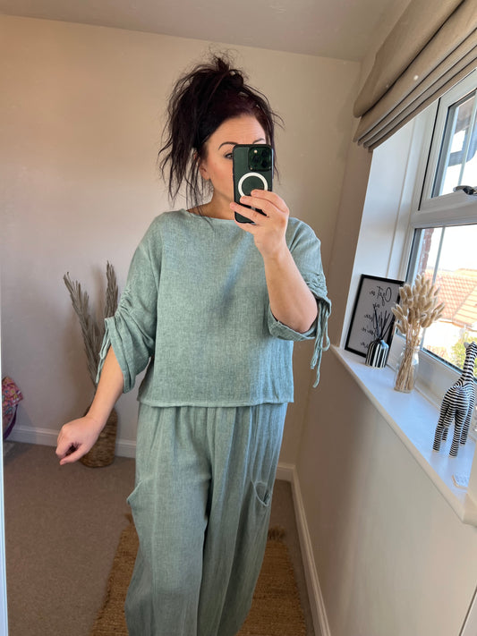 Linen Drawstring Arm Top - Sage