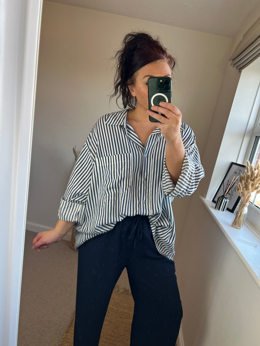Oversized Linen Stripe Shirt - Navy