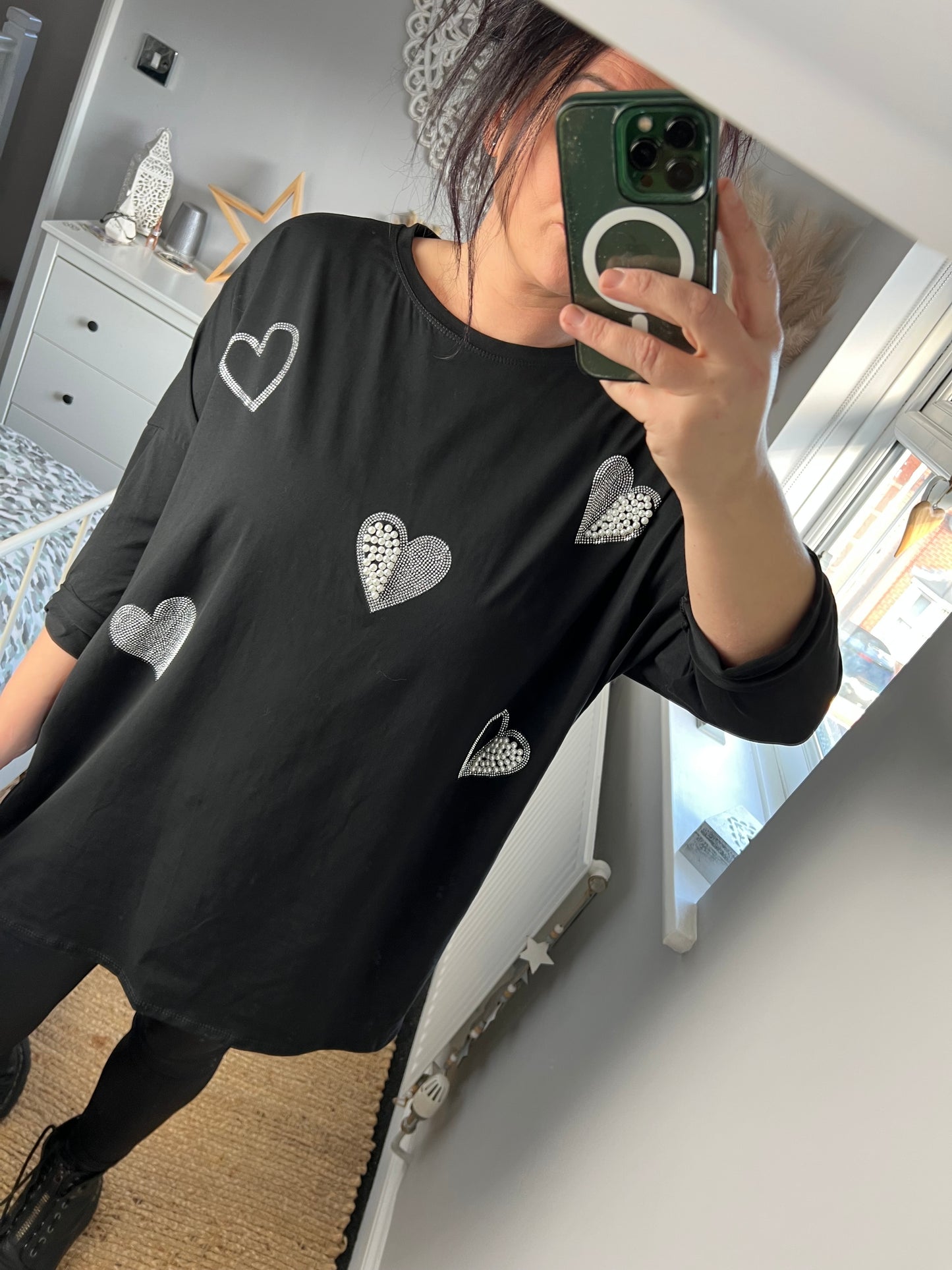 Diamanté & Pearl Heart Top - Black