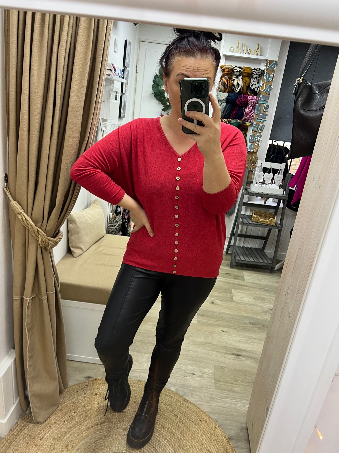 Fine Knit Tiny Button Jumper - Red