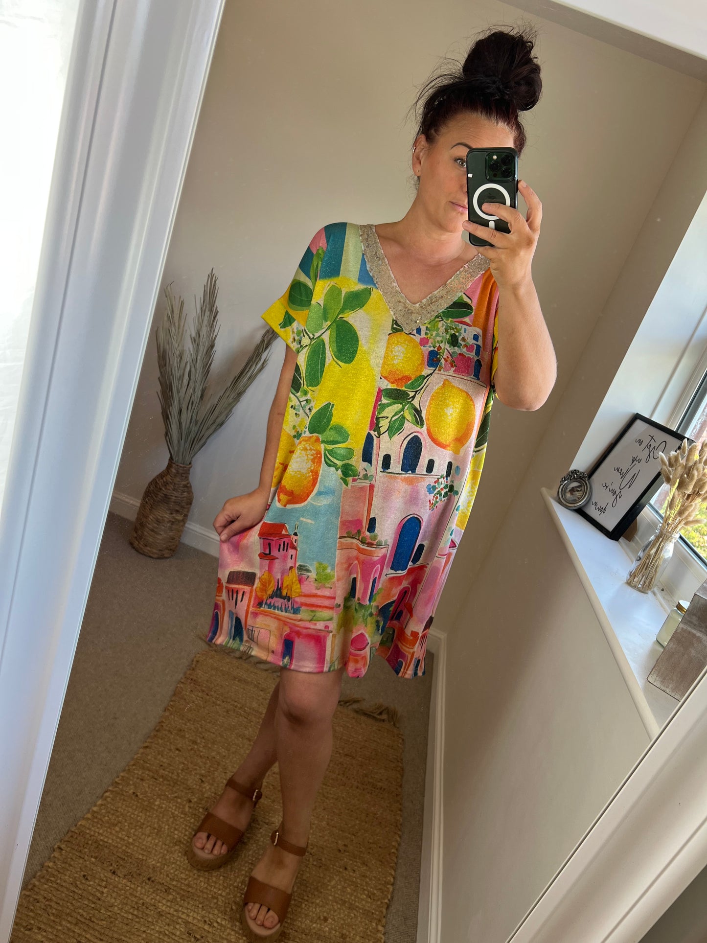 Fine Knit V Neck Dress - Lemons