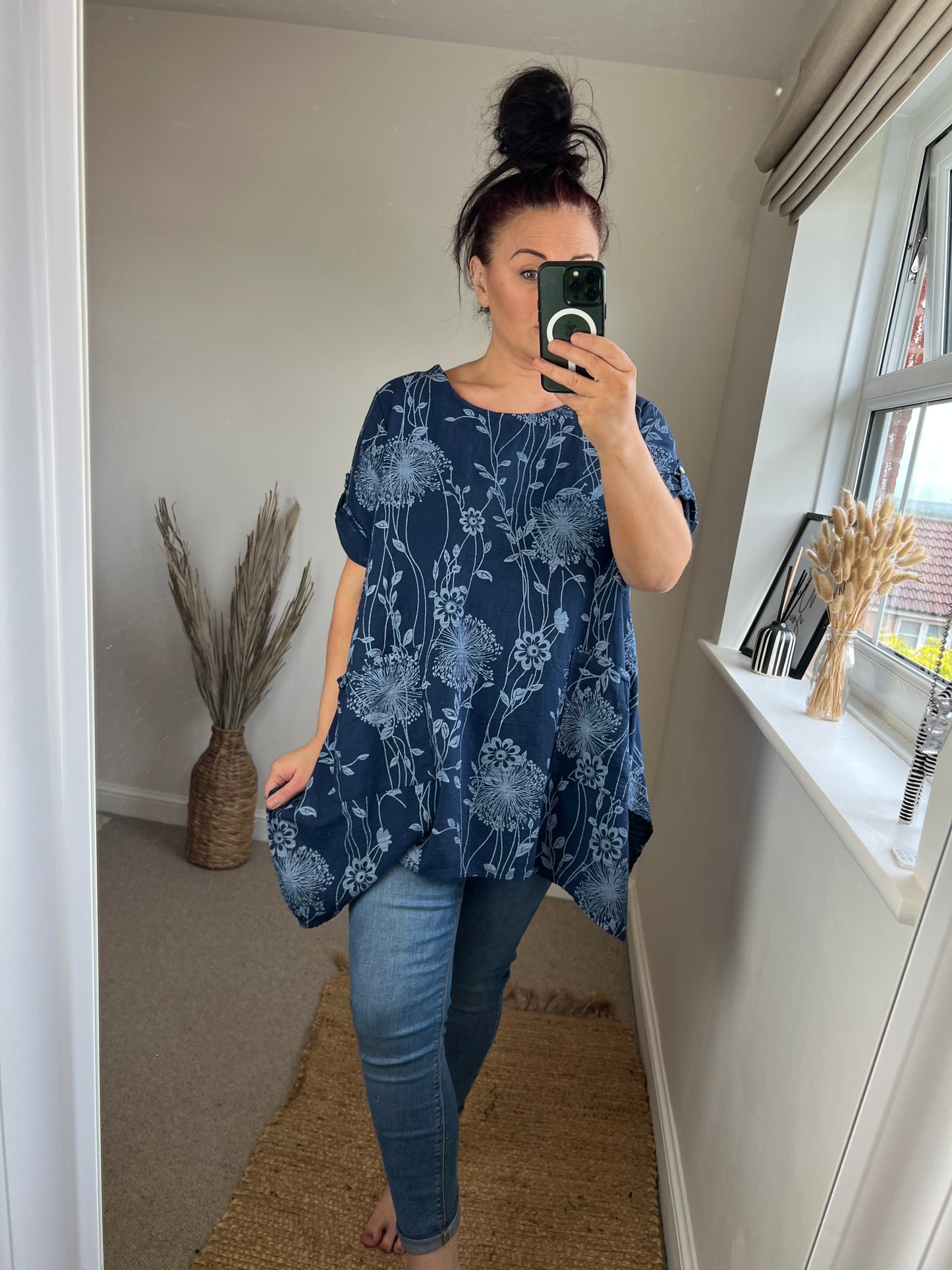 Longline Cotton Floral Top - Navy