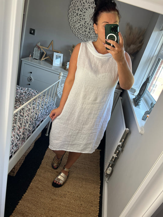 Linen Collared Dress with Pockets - White