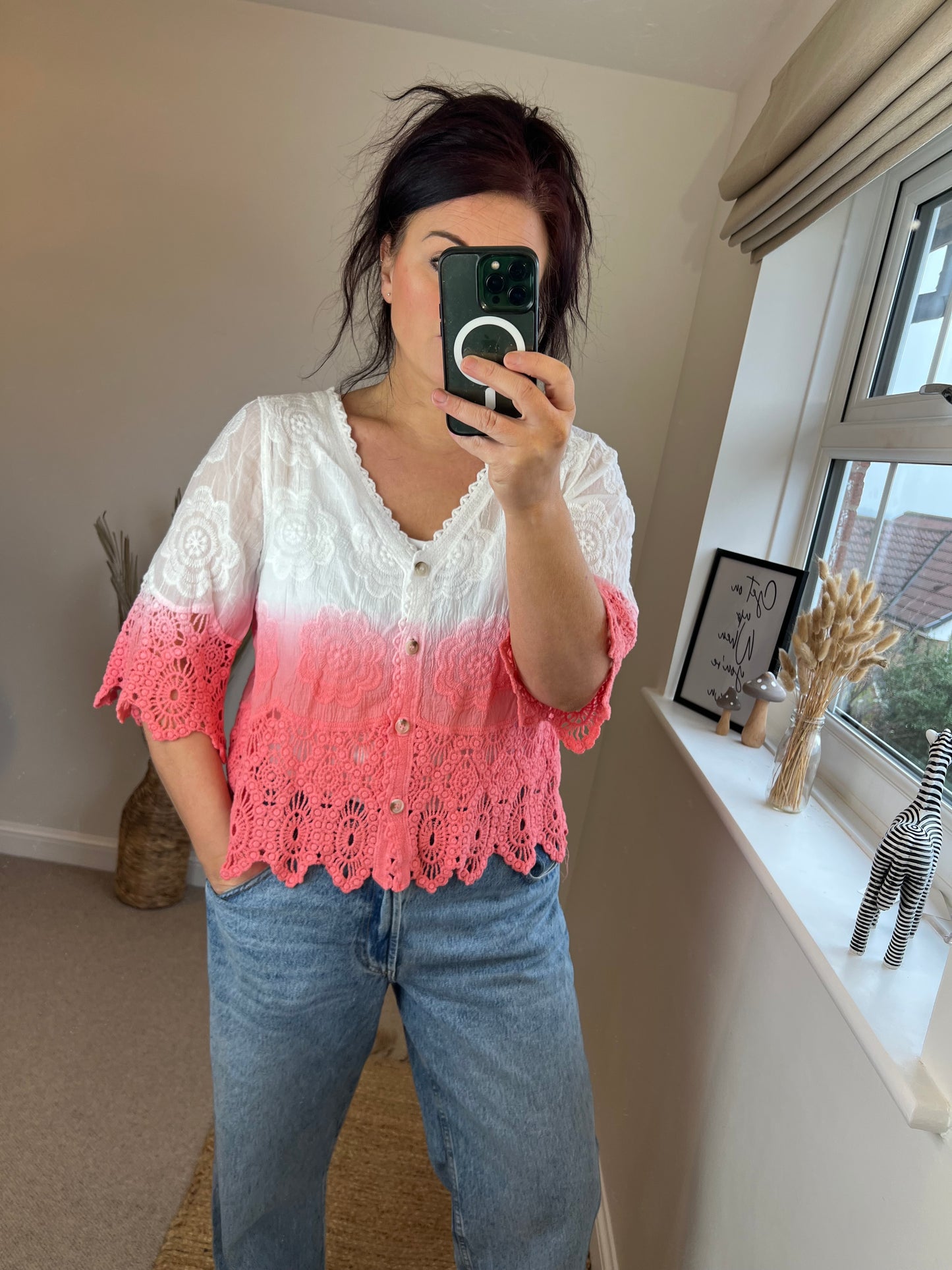 Crochet Lace Two Tone Cardi - Coral