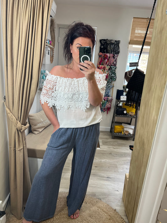 Lace Bardot Top - White