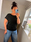 Fine Knit Slash Neck Top - Black