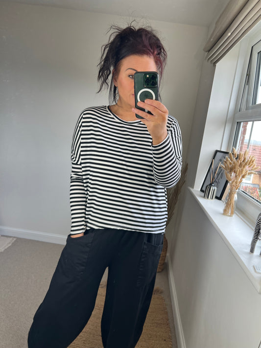 Stretchy Striped Long Sleeve Top - Black