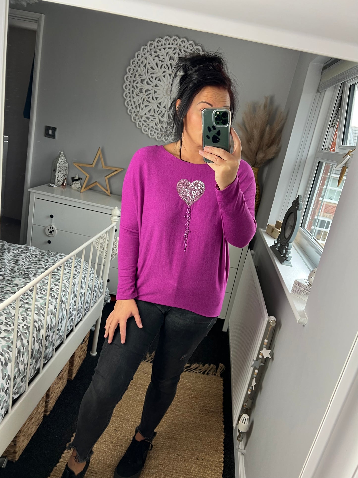 Fine Knit Sequin Heart Jumper - Magenta